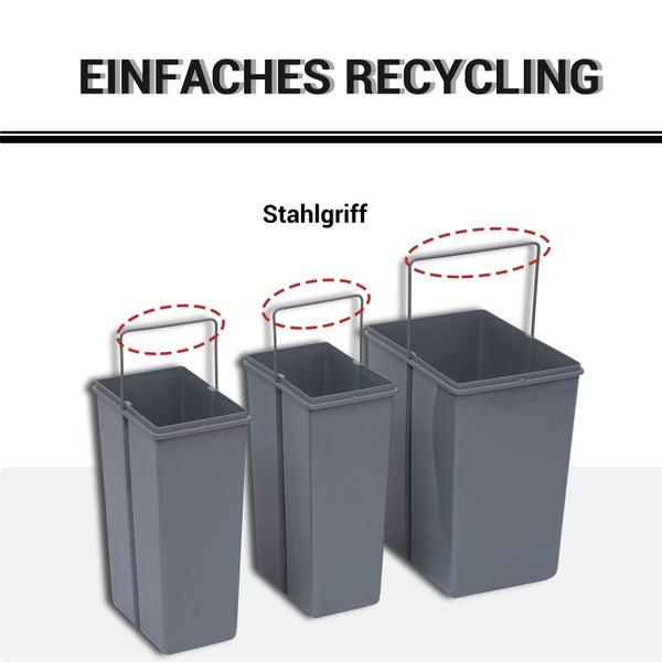 Drei Abfallbehälter mit Stahlgriff für einfaches Recycling