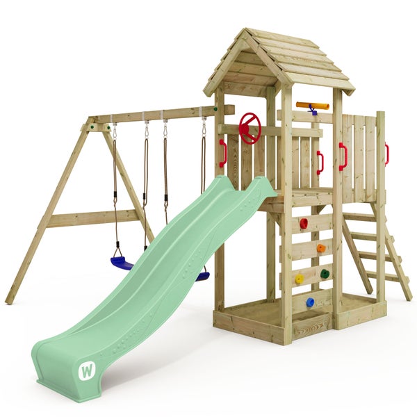 WICKEY Spielturm Klettergerüst MultiFlyer Holzdach mit Schaukel und Rutsche, Kletterturm mit Holzdach, Sandkasten, Leiter und Spiel-Zubehör – pastellgrün