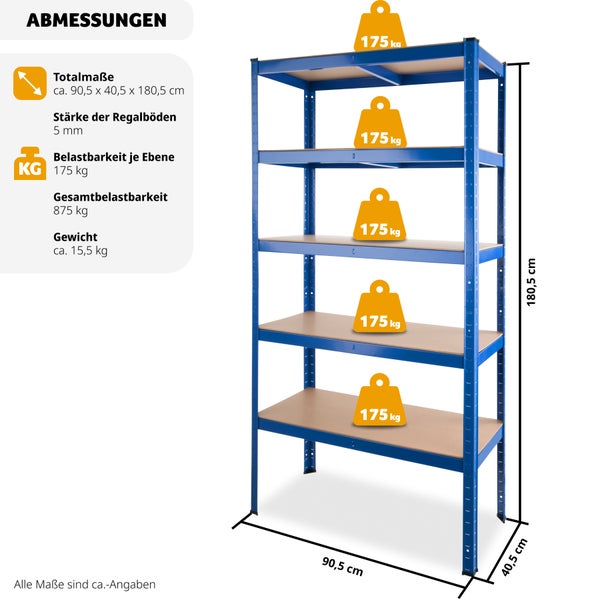 Schwerlastregal tectake  90,5 x 40,5 x 180,5 cm mit 5 Böden blau