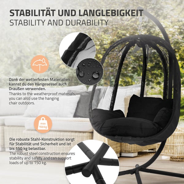 ML-Design Hängesessel mit Gestell und Sitzkissen, Schwarz, H177 cm, X-förmige Basis, Indoor & Outdoor, Hängesesselgestell mit Hängestuhl, Hängekorb Gestell aus Stahl, Hängeschaukel für Garten & Balkon