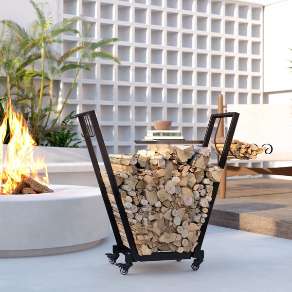 Outsunny Kaminholzregal, mit Rollen, Anzündholz- und Werkzeughaken, Feuerholzregal für Garten, Terrasse, 79 x 30 x 81 cm , Metall, Schwarz