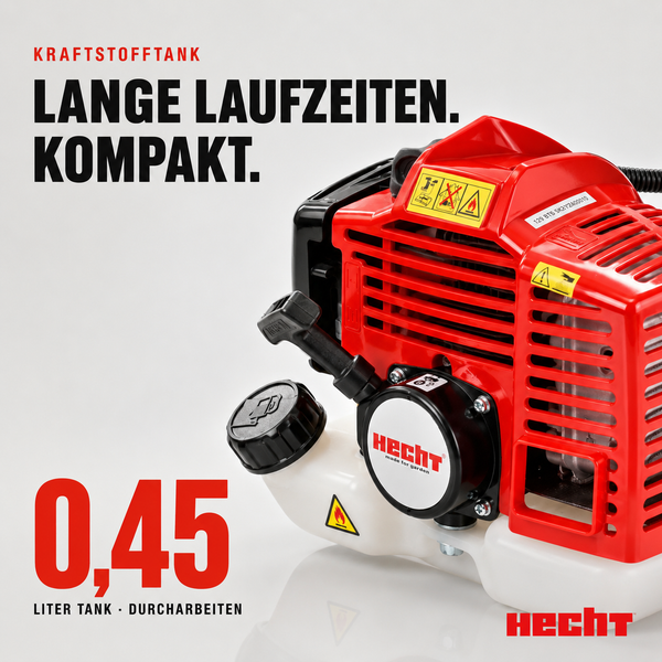 Hecht Motor für Gartengeräte mit 0,45 Liter Kraftstofftank für lange Laufzeiten und Hecht Logo.