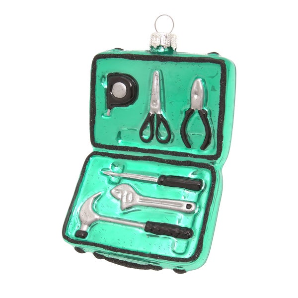 Werkzeugkoffer Christbaumschmuck mit Hammer, Schraubenschlüssel, Schraubendreher, Zange, Schere und Maßband