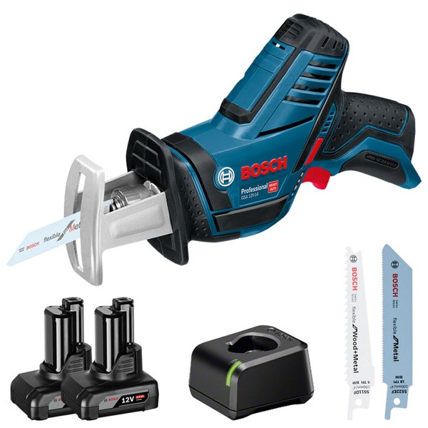 Bosch Professional Akku-Säbelsäge GSA 12 Volt-14 Set mit zwei Akkus, Ladegerät und drei Sägeblättern.