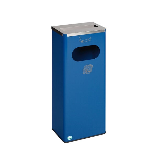 Blaue Standascher-Abfall-Kombination aus Metall mit Einwurföffnung, Aschenbecher, Symbolen für Müll und Zigaretten sowie VAR Logo.