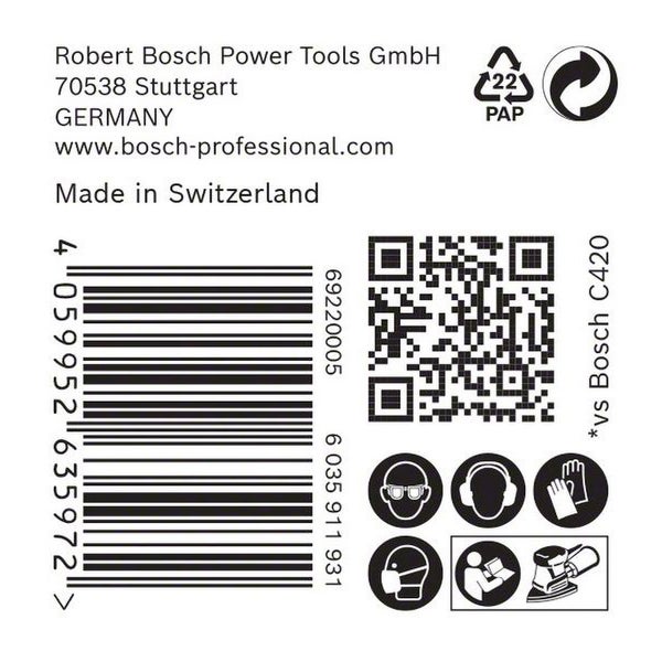 Informationen zu Robert Bosch Power Tools GmbH, Barcode, QR-Code, Recycling-Symbol und Sicherheitshinweisen