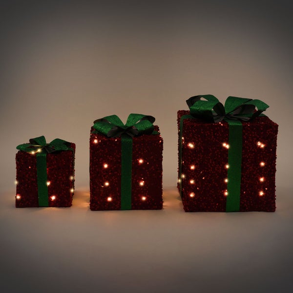 ECD Germany 3er Set LED Geschenkboxen Weihnachten mit Schleifen, Rot-Grün, Warmweiß, batteriebetrieben, mit Timer, Weihnachtsdeko Geschenk Beleuchtet Weihnachtsbaum Dekoration Weihnachtsgeschenkbox