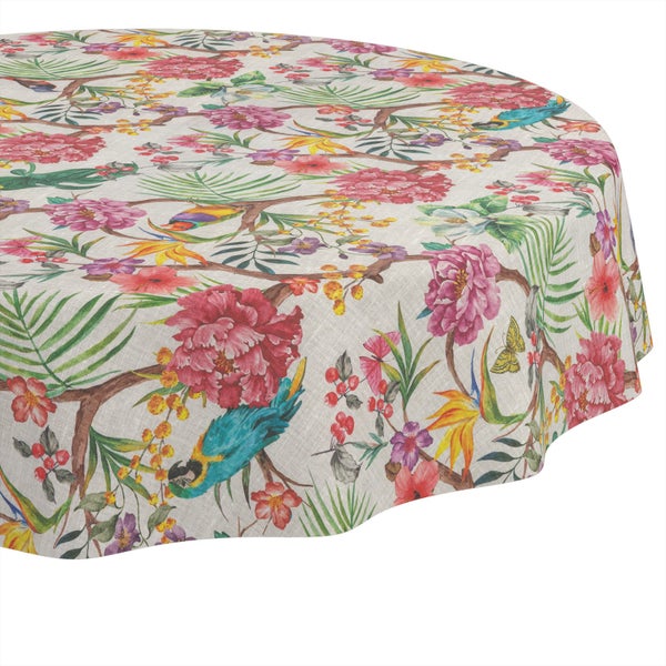 Runde Tischdecke mit tropischem Blumen- und Vogelmuster, Papageien und exotischen Blüten.