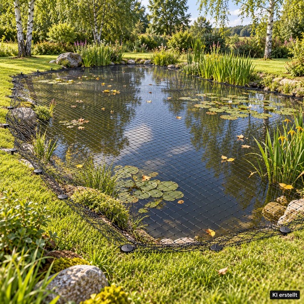 Ein über einen Gartenfischteich gespanntes schwarzes Schutznetz zur Abdeckung der Wasseroberfläche zum Schutz vor Laub und Raubtieren.