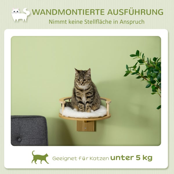 PawHut Katzen Kletterwand, Katzenliege für die Wand, Katzenbett für Wandmontage, Katzen Hängematte, Katzenplattform mit Kissen, Katzenmöbel, Eiche+Cremeweiß, Ø34 x 10,5 cm