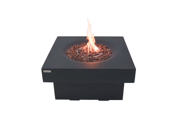 Modeno quadratische schwarze Gasfeuerstelle mit Lavasteinen und Flammen.