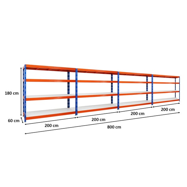 PROREGAL Mega Deal 4x Profi Schwerlastregal Rhino HxBxT 180 x 200 x 60 cm 4 Melamin-Ebenen 16mm Fachlast 500 kg Blau-Orange