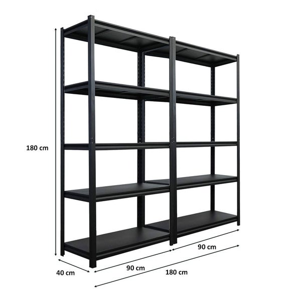 Zwei Metallregale mit fünf Ebenen, Abmessungen: 180 cm hoch, 180 cm breit und 40 cm tief