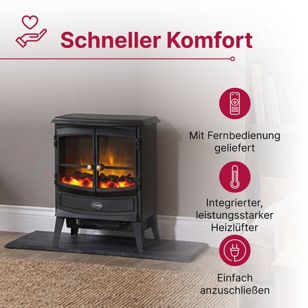 Elektrischer Kaminofen in Schwarz mit Flammeneffekt, Fernbedienung, integriertem Heizlüfter und einfachem Netzanschluss.