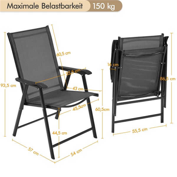 Gartenstuhl mit Armlehnen, klappbar und mit Maßangaben