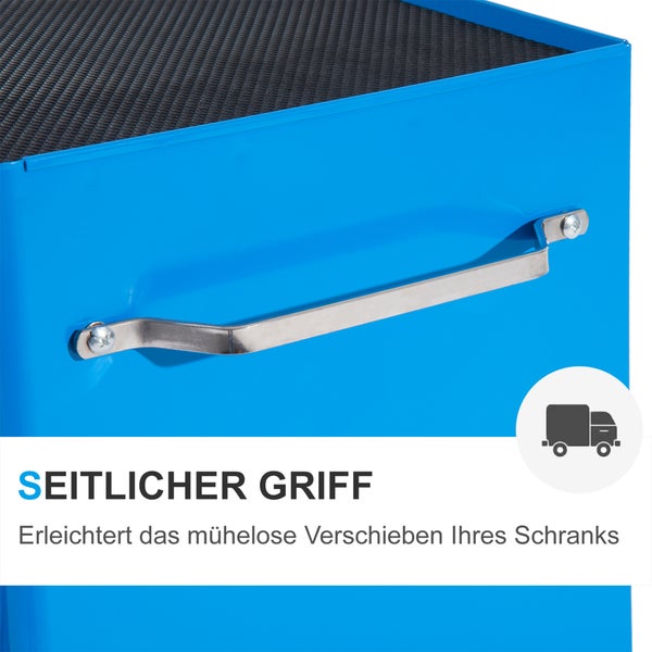 Seitlicher Metallgriff an einem Werkzeugschrank zum einfachen Verschieben.