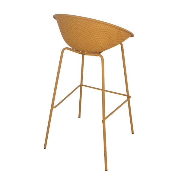 Senfgelber Barhocker aus Metall mit strukturierter Sitzschale und Fußstütze von Oviala.