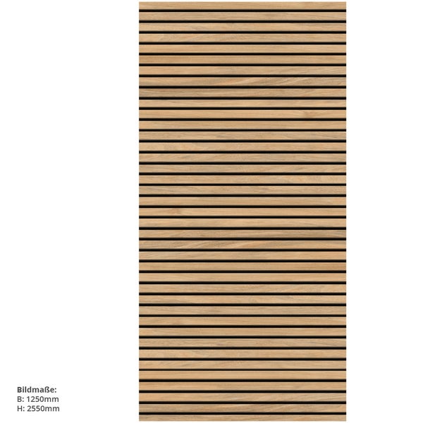 Akustikpaneel mit horizontalen Holzlatten, Breite 1250 Millimeter und Höhe 2550 Millimeter.