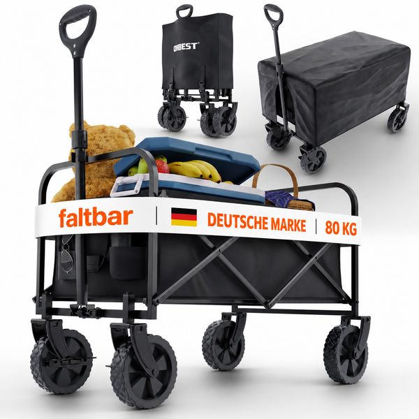 Faltbarer Bollerwagen in Schwarz mit Abdeckplane, belastbar bis 80 Kilogramm, deutsche Marke.