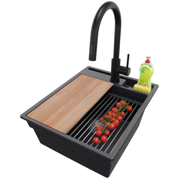 PRIMAGRAN Granitspüle Anthrazit 43x53cm, Spülbecken 1 Becken + Küchenarmatur 40x20cm + Ablauf-Set + Küchenzubehörset, Küchenspüle ab 45er Unterschrank - Oslo Pocket