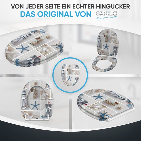 Sanilo WC-Sitz mit maritimem Collage-Design aus Seesternen, Muscheln und Flaschenpost, dargestellt aus verschiedenen Perspektiven. Sanilo Logo.