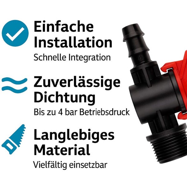Eigenschaften von Bewässerungszubehör: Einfache Installation, zuverlässige Dichtung bis 4 bar Betriebsdruck und langlebiges, vielseitiges Material.