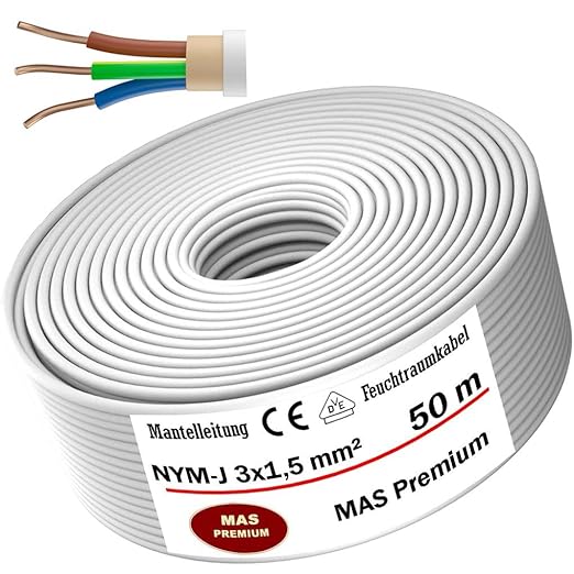 MAS Premium Mantelleitung NYM-J 3 x 1,5 Quadratmillimeter, Feuchtraumkabel, Länge 50 Meter, mit drei Adern.