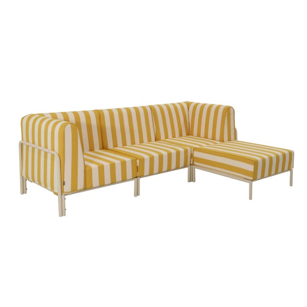 Gelb-weiß gestreiftes modulares Ecksofa für den Garten mit Metallgestell und Hocker.