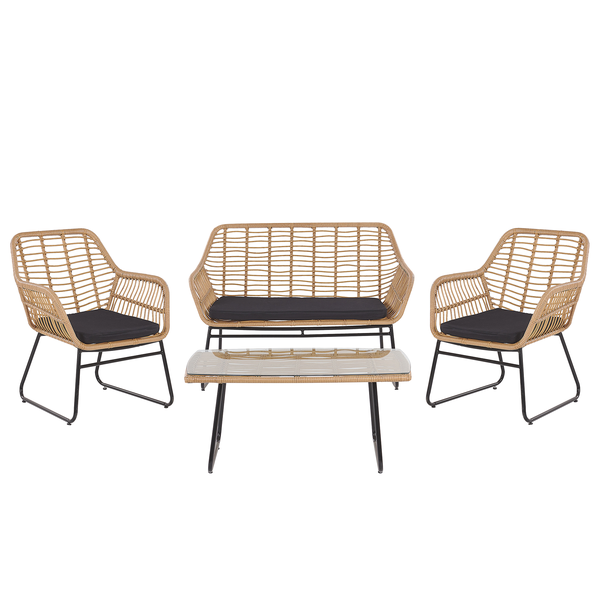 Gartenmöbelset mit Rattanoptik, bestehend aus Sofa, zwei Sesseln und Tisch mit Glasplatte