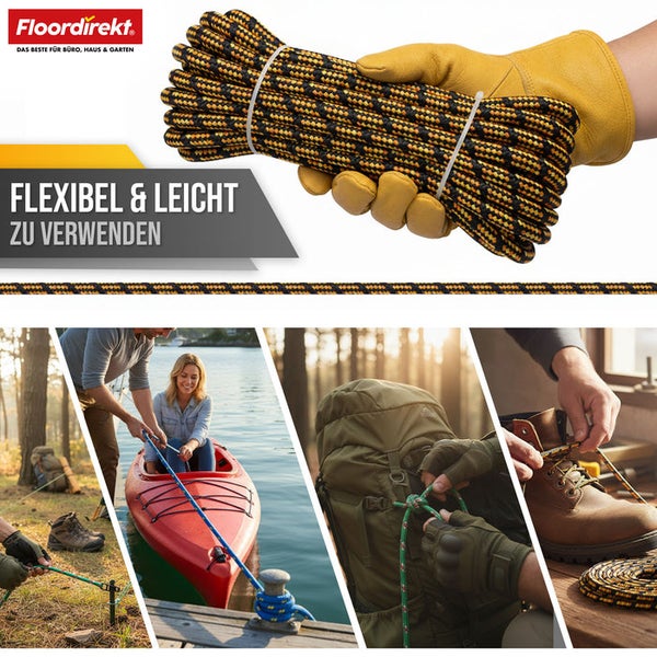 Gelb-schwarzes Flechtseil, vielseitig einsetzbar für Outdoor-Aktivitäten.