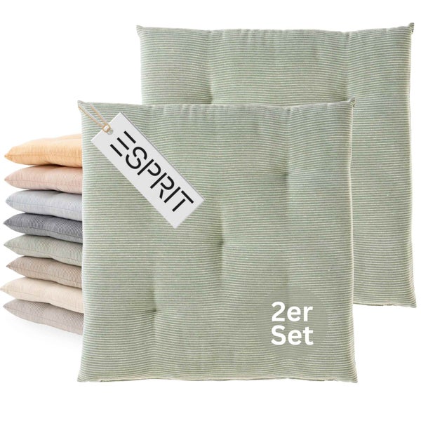 Esprit Sitzkissen Set aus zwei gestreiften Stuhlkissen in Salbeigrün mit Steppung und Esprit Logo.