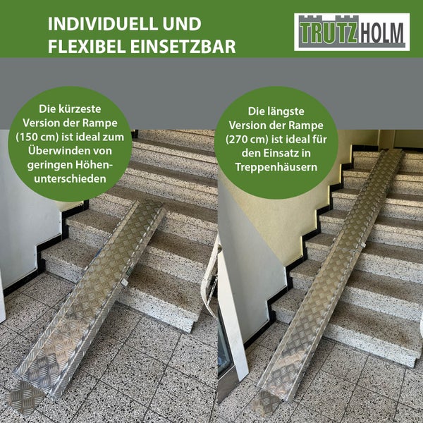 Vergleich von zwei verschiedenen Längen einer Aluminiumrampe auf einer Treppe, TrutzHolm Logo