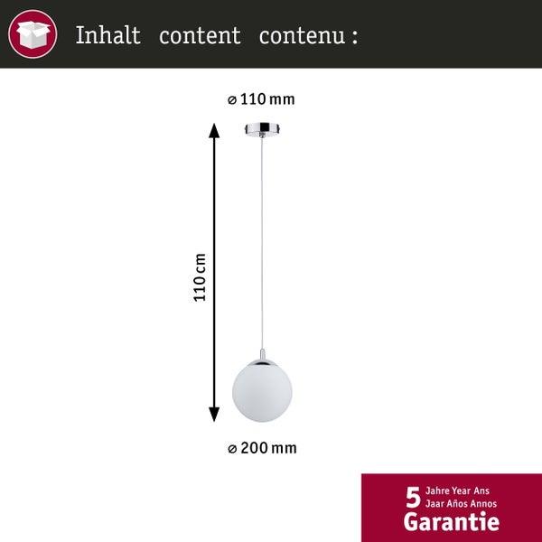 Pendelleuchte mit Maßen: Höhe 110 Zentimeter, Durchmesser Schirm 200 Millimeter, Durchmesser Baldachin 110 Millimeter, 5 Jahre Garantie.