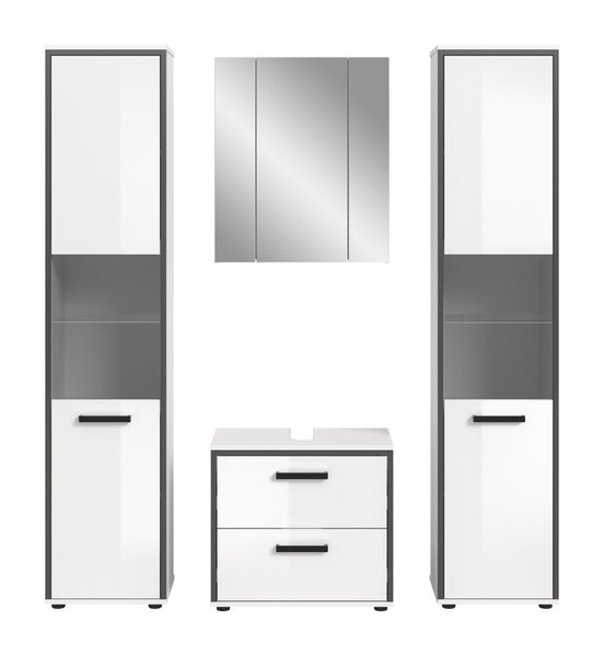 Vierteiliges Badmöbelset mit zwei Hochschränken, Waschbeckenunterschrank und Spiegelschrank in Weiß und Anthrazit mit schwarzen Griffen.