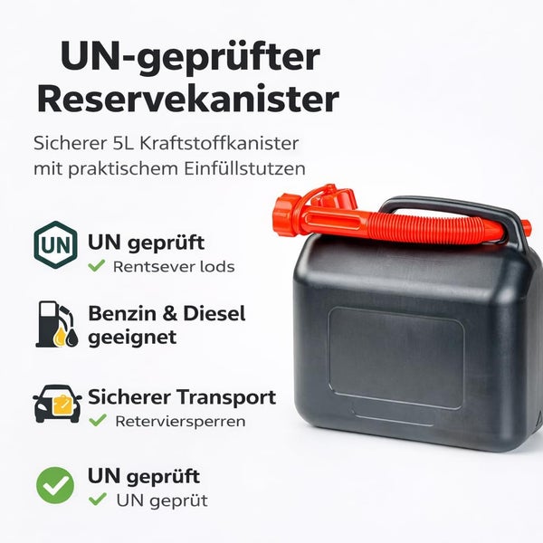 Schwarzer 5 Liter Reservekanister mit rotem Einfüllstutzen