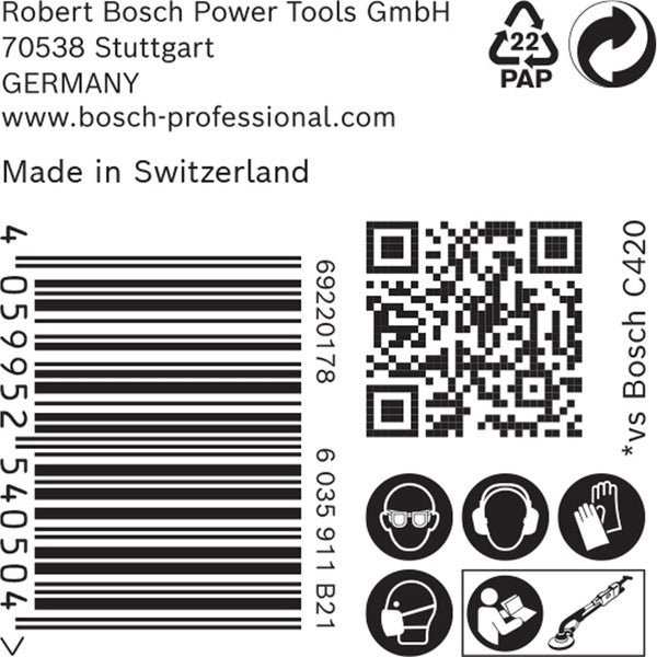 Informationen zu Robert Bosch Power Tools, Barcode, QR Code und Sicherheitshinweisen