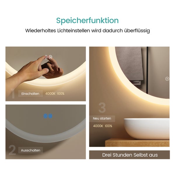 EMKE Badspiegel mit Beleuchtung Ø50 cm, rund, LED Wandspiegel, Touch-Schalter, dimmbar, Anti-Beschlag, 4 mm Glas, Memory, satiniert, rostfrei, für Badezimmer
