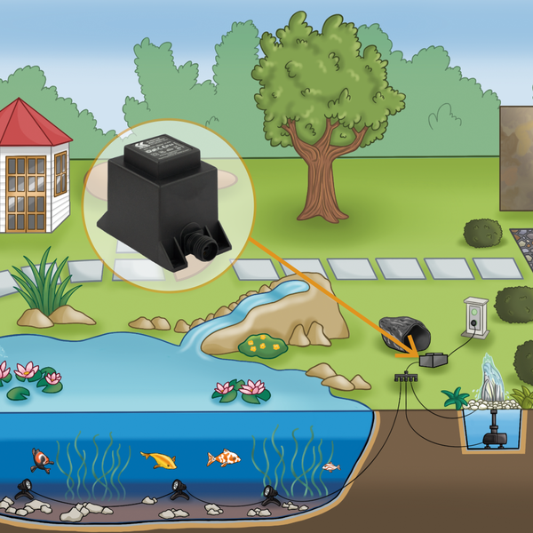 Außen-Transformator für Gartenteiche in einer Gartenansicht beim Anschluss von Teichbeleuchtung und einer Springbrunnenpumpe.