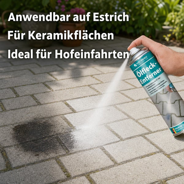 Hotrega Oelfleck Entferner Spray Anwendung auf Pflasterstein Hofeinfahrt zur Reinigung von Oelflecken.