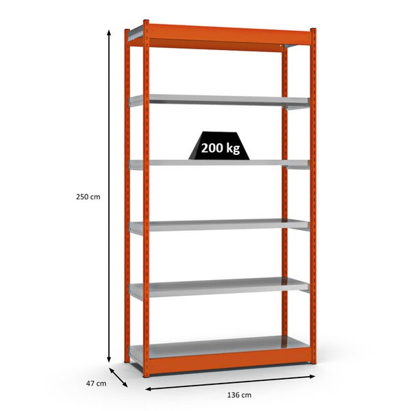 PROREGAL Fachbodenregal Stecksystem Vierkant-Profil Grundregal HxBxT 250 x 132,5 x 40 cm 6 Ebenen Einseitige Bauart Fachlast 200 kg Orange