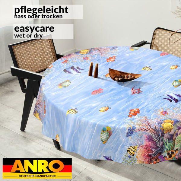 Rundes Tischtuch mit Unterwasser-Motiv, Fischen und Korallen, pflegeleicht nass oder trocken abwischbar, ANRO Logo.
