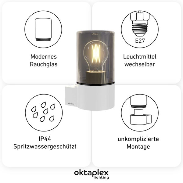 Puno Aluminium Wandleuchte außen IP44 E27 Fassung Rauchglas weiß Außenlampe Außenbeleuchtung 230V Wandlampe für Terrasse Balkon