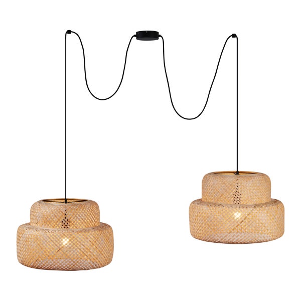 Zwei hängende Korblampen mit Kabelaufhängung