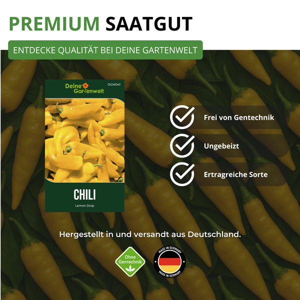 Premium Saatgut für Chili Lemon Drop von Deine Gartenwelt. Ohne Gentechnik, ungebeizt und ertragreich. Hergestellt in Deutschland. Deine Gartenwelt Logo.
