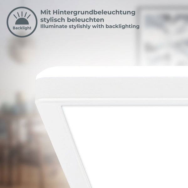 Quadratische LED Deckenleuchte mit Hintergrundbeleuchtung für indirektes Licht.