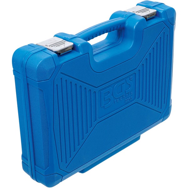 Blauer Werkzeugkoffer aus Kunststoff mit Tragegriff und Metallschnallen