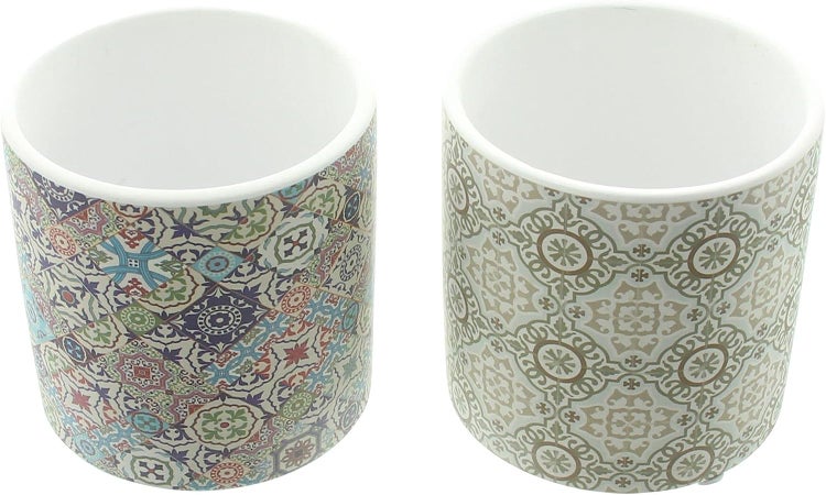Dekoleidenschaft 2x Blumentopf Mosaik aus Terracotta bunt gemustert / weiß, Übertopf Set, Pflanztopf, Pflanzgefäß