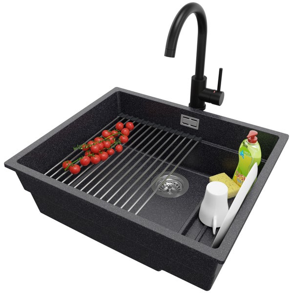 PRIMAGRAN Granitspüle Anthrazit 56x47cm, Spülbecken 1 Becken + Küchenarmatur 32x20cm + Ablauf-Set + Aufrollbare Abtropffläche, Küchenspüle ab 60er Unterschrank - Praga Slim