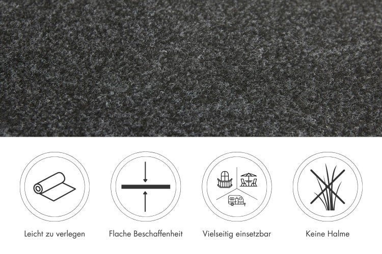 Nadelvlies-Teppich mit Symbolen für einfache Verlegung, flache Beschaffenheit, vielseitige Anwendung und ohne Grashalme.