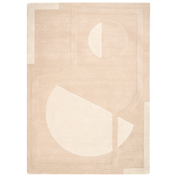 Beiger Teppich mit geometrischem Muster aus Kreisen und Rechtecken, strukturierte Oberfläche